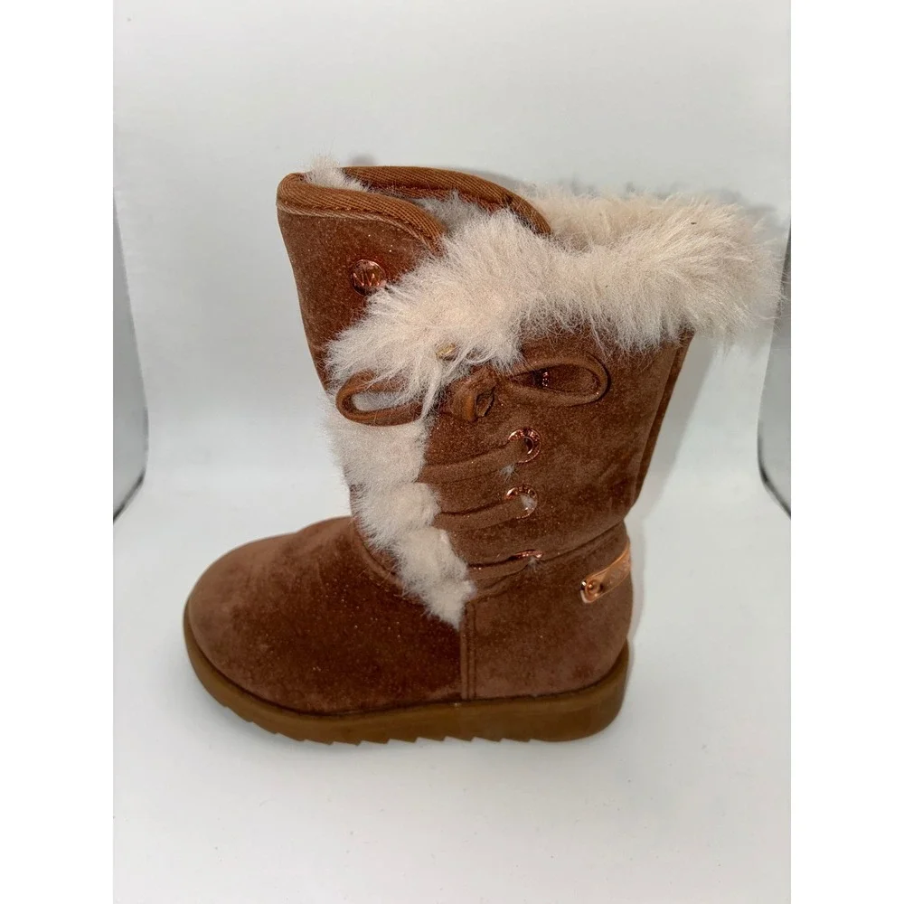 Nine West Girls Brown Glitter‎ Faux Fur Winter Boots Rose Gold Accents Kids